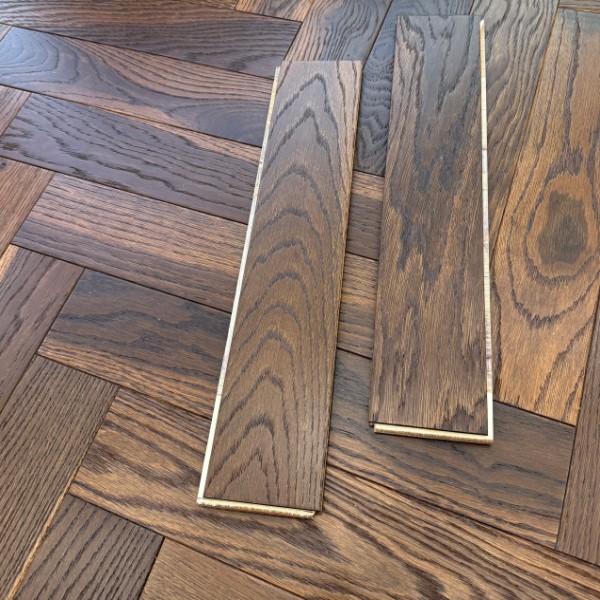 90mm x 10/3mm x 450mm Smoked Natural Brushed & UV Oiled Herringbone Engineered Rustic Flooring 